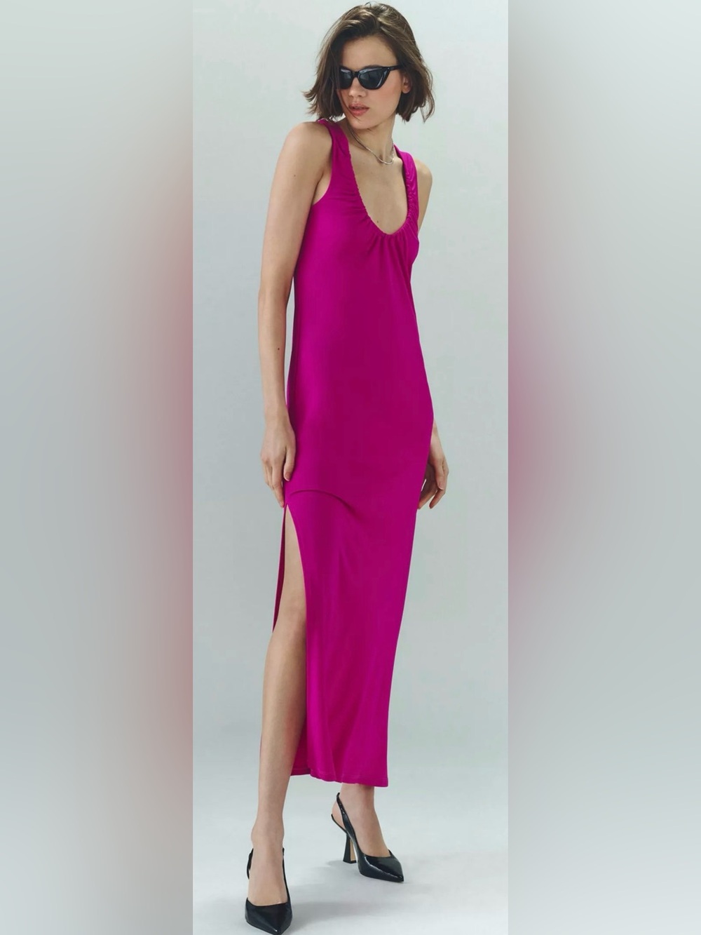 Anthropologie Magenta Scoop-Neck Slip Maxi Dress with Side Slit